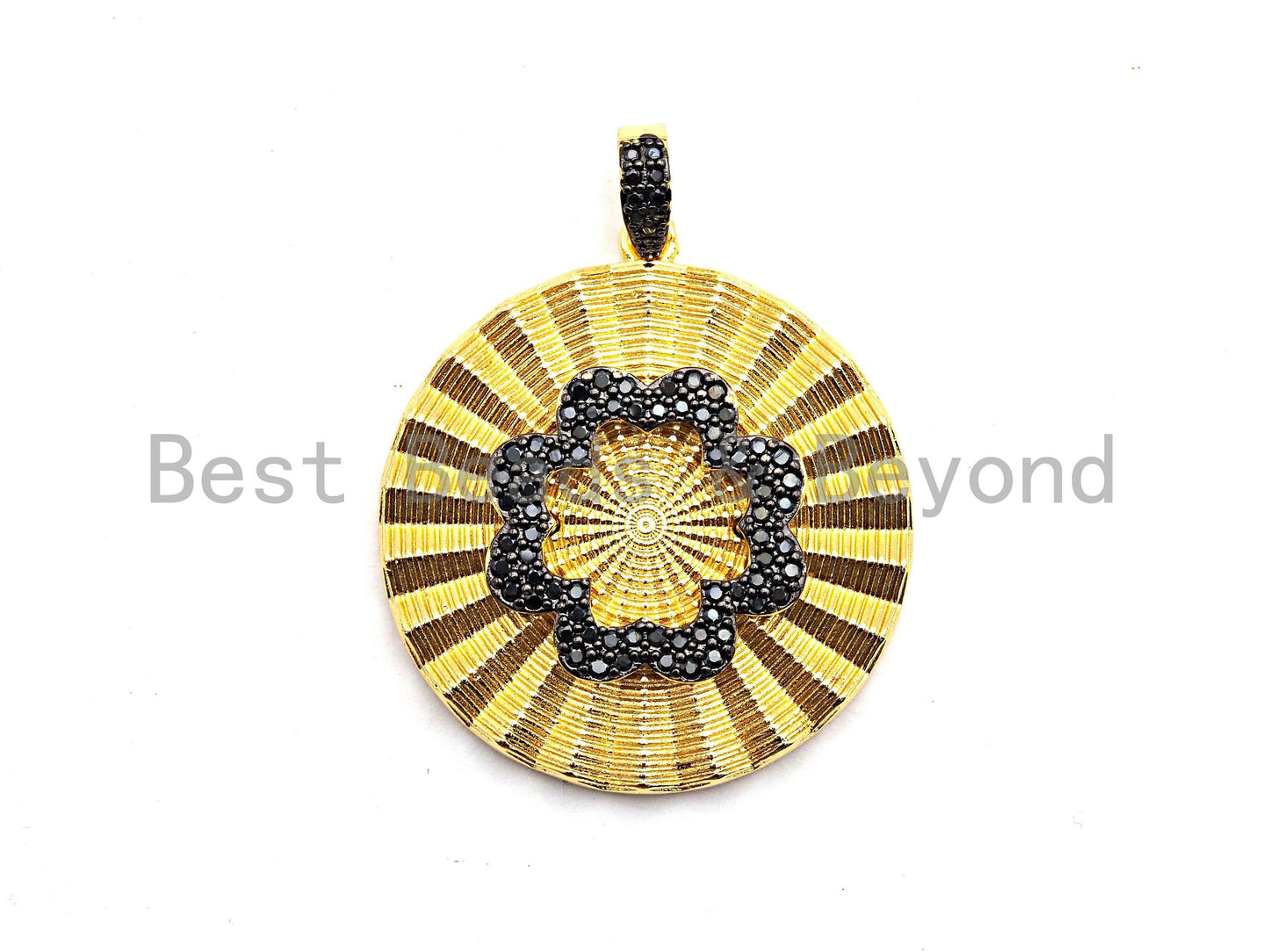 CZ Clear/Black Micro Pave Round With Flower Pendant, CZ Pave Pendant, Gold/Rose Gold/Silver/Gunmetal plated, 36x38mm, Sku#F772