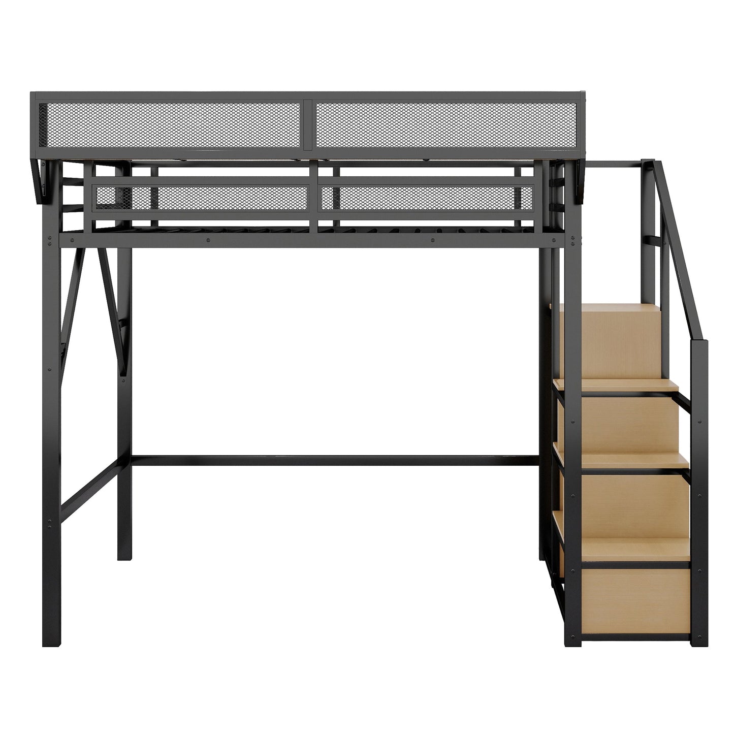 Full Size Loft Bed with Stairs and Storage Shelves
