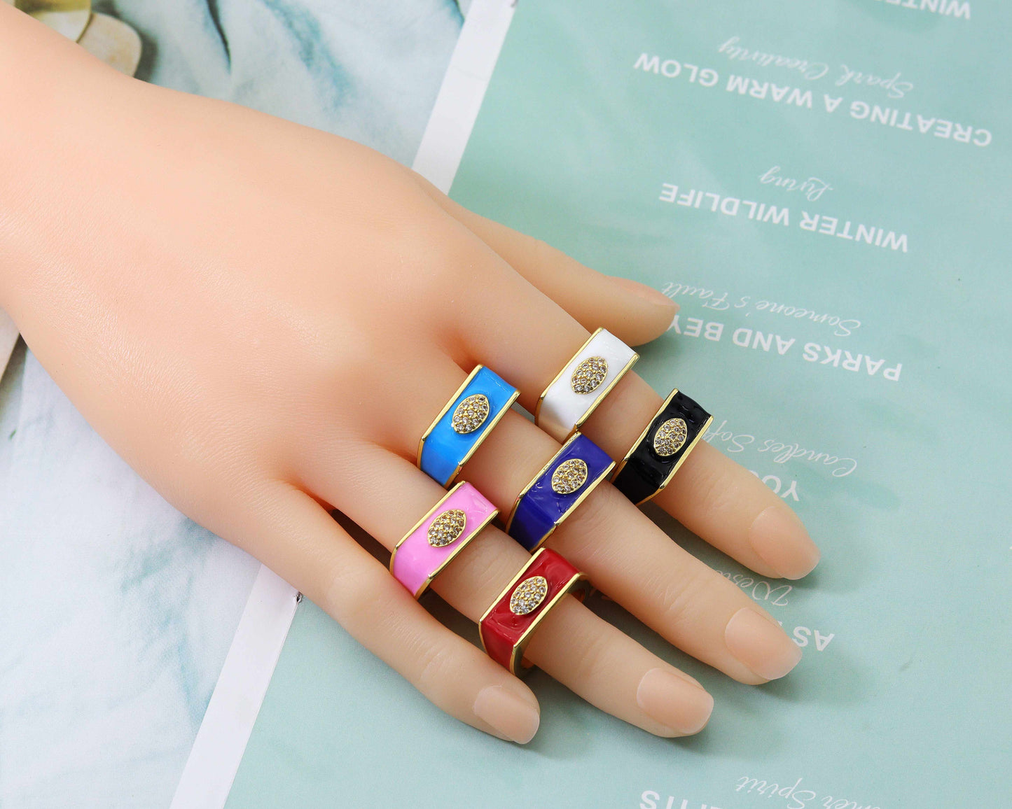 CZ Enamel Evil Eye Band Ring, Sku#JL101