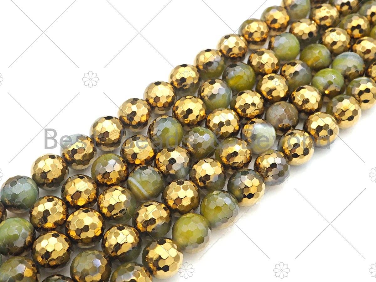 Half Gold Plated Light Olive Green Agate Beads, 8mm/10mm/12mm Round Faceted Agate Beads, 15.5 Full Strand, sku# UA137