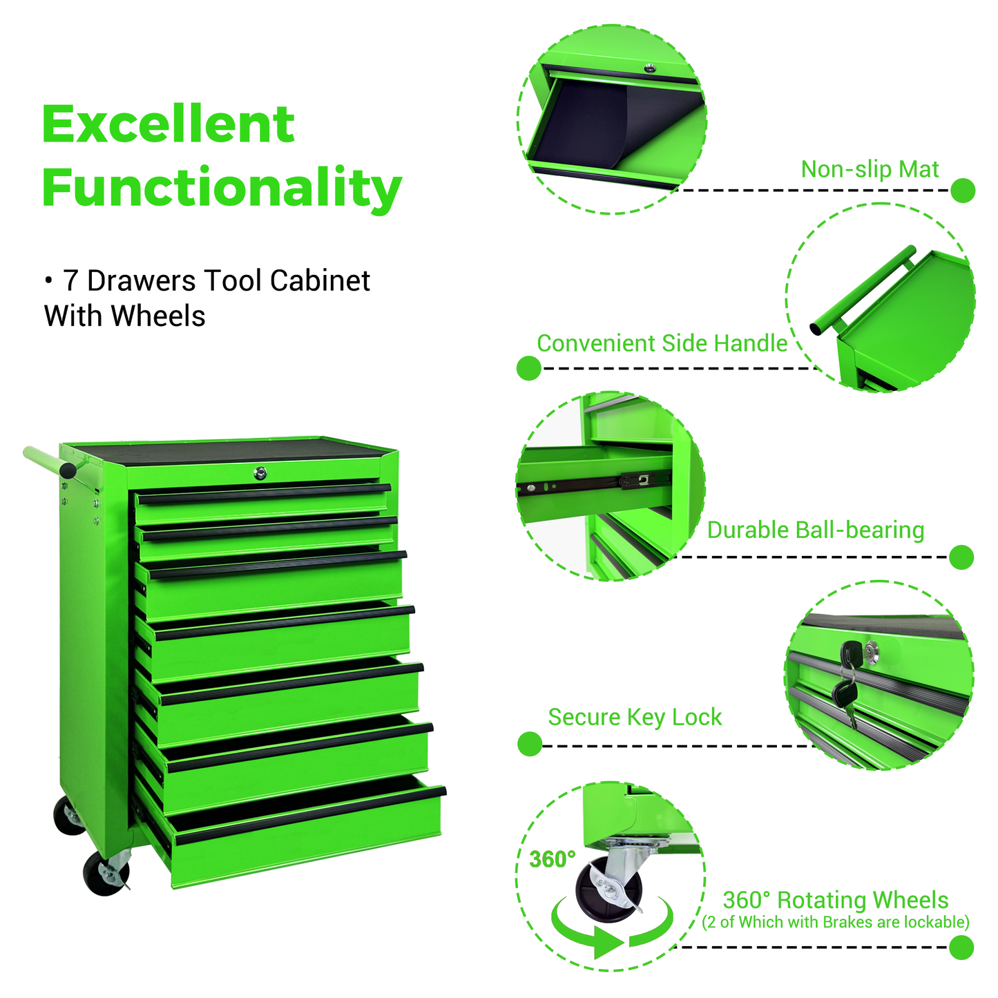 Rolling Metal Tool Chest with 7 Drawers - Green