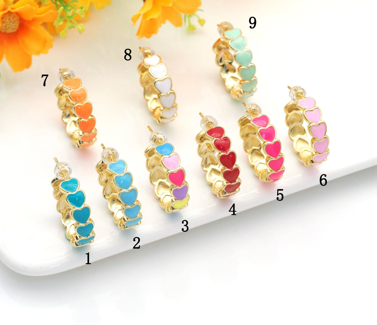 Colorful Enamel String Hearts Hoop Earrings, Sku#J374