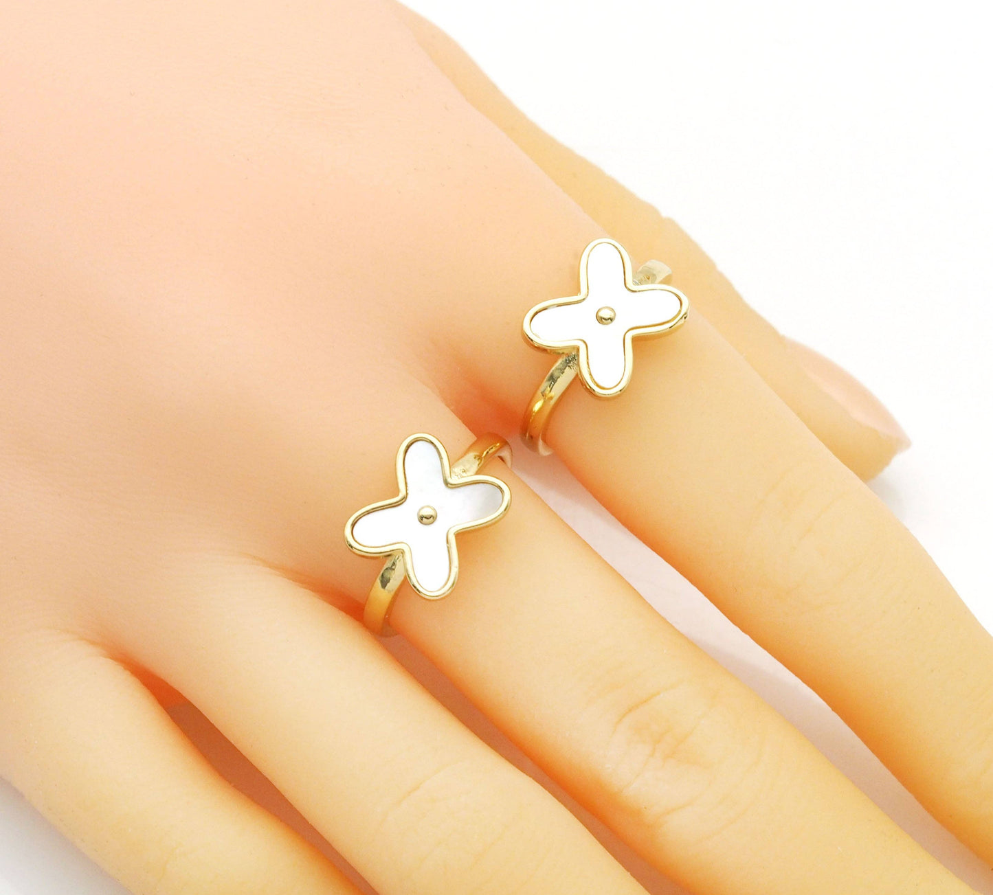 Gold Mother of Pearl Flower Adjustable Ring, Sku#X366