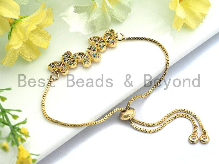 Colorful CZ Micro Pave Three Butterfly Connector/Link, Cz Pave Bracelet Necklace Connector in Gold Finish,14x37mm,sku#M254