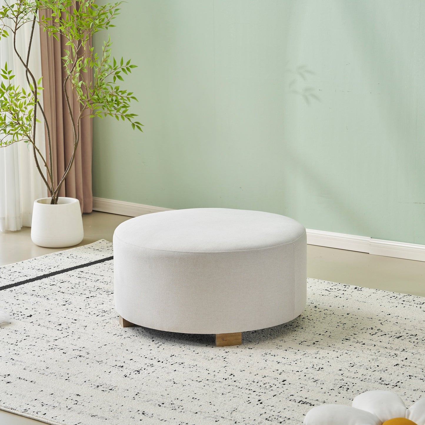 White Fabric Round Ottoman with Wooden Legs