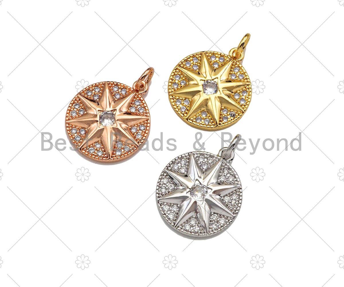 CZ Micro Pave North Star On Round Coin Pendant Charm, Bracelet Necklace CZ Star Pendant Charm, Silver/Gold /Rose Gold Tone,15x18mm,Sku#Y385