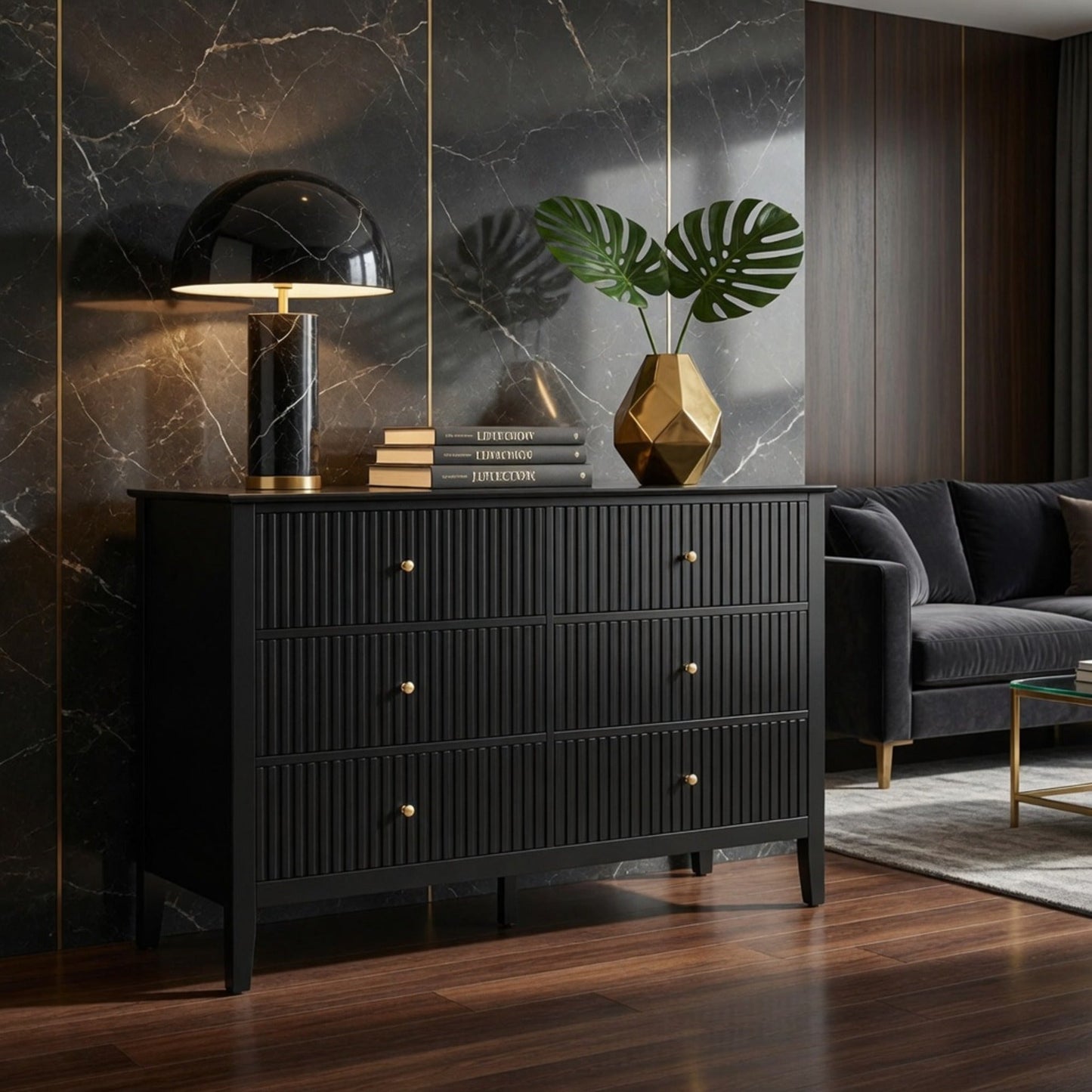 47.2" Wide Black 6-Drawer Fluted Dresser