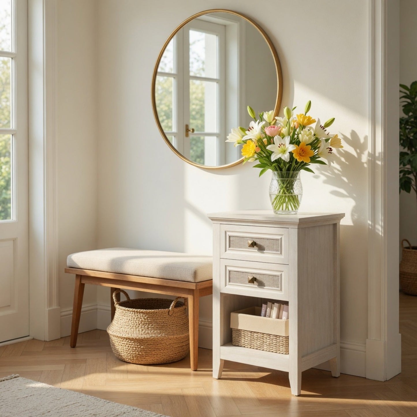 17.7" White Rattan Nightstand