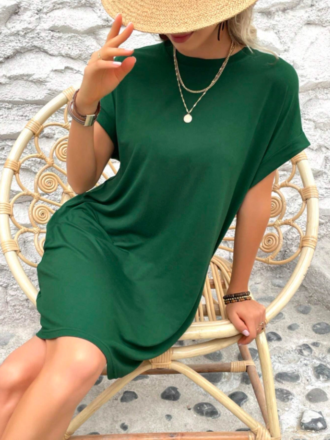 Round Neck Short Sleeve Mini Tee Dress with Pockets