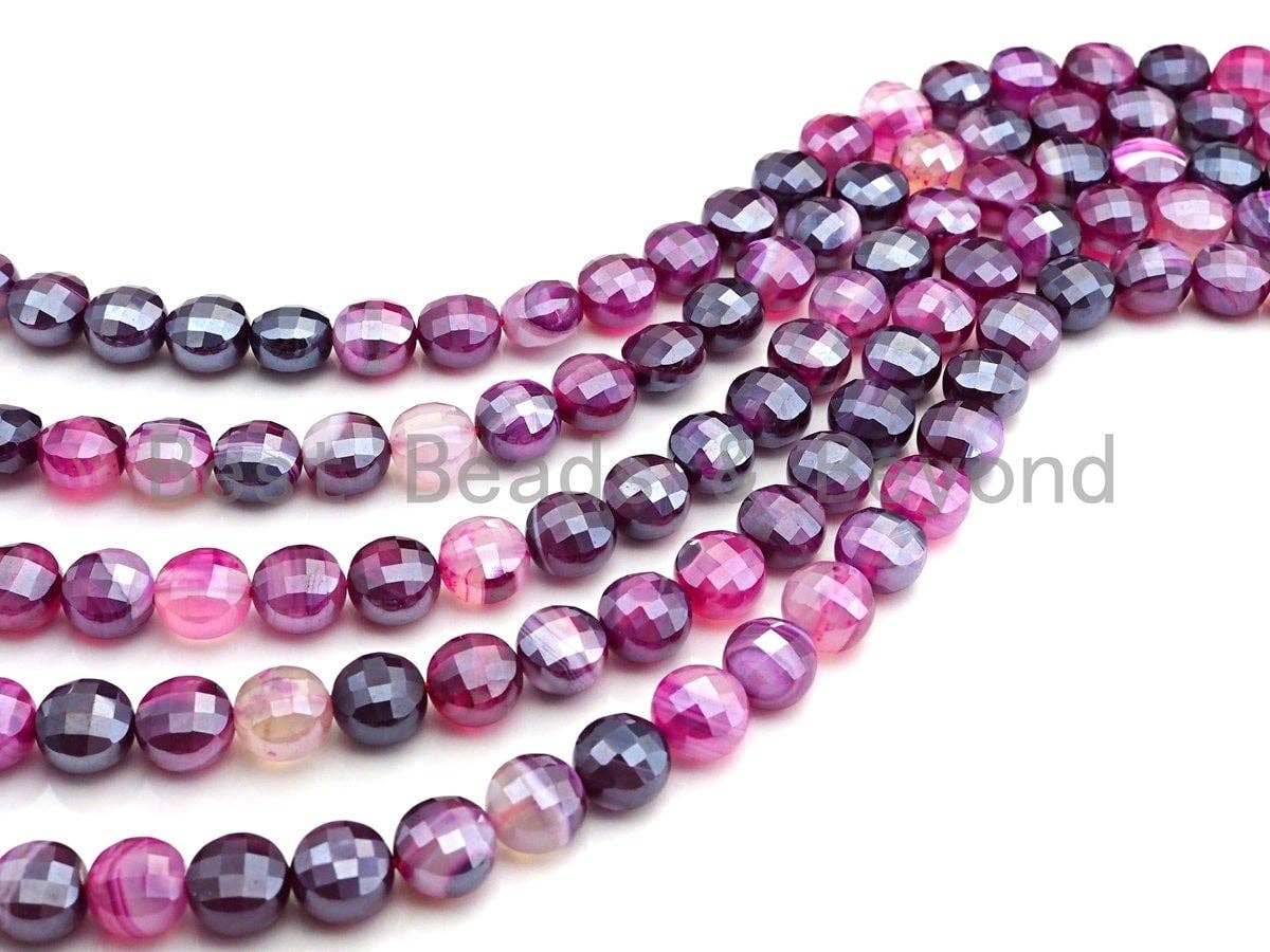 Mystic Plated Turtle Shell Cut Natural Pink Purple Agate Coin Shape beads, 6mm/8mm/10mm Checkerboard Cut Agate, 15.5" Full Strand,SKU#UA85