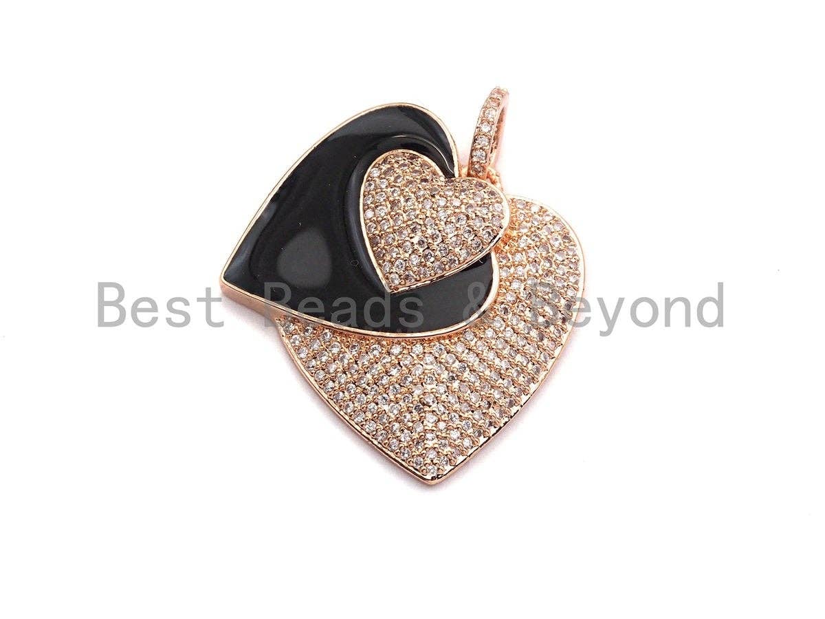 Micro Pave CZ Enamel Three Heart Pendant,Black Enamel Pendant,Enamel Heart Pendant, Oil Drop jewelry Findings,27x29mm,sku#F931