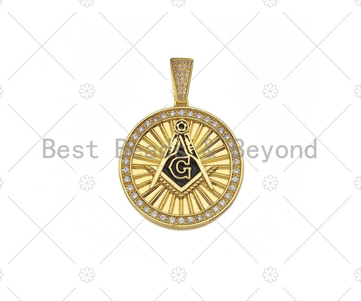CZ Micro Pave G Word On Round Medallion Pendant,Black Enamel Gold/Silver Charm, Necklace Bracelet Charm Pendant, 35x38mm, Sku#L552