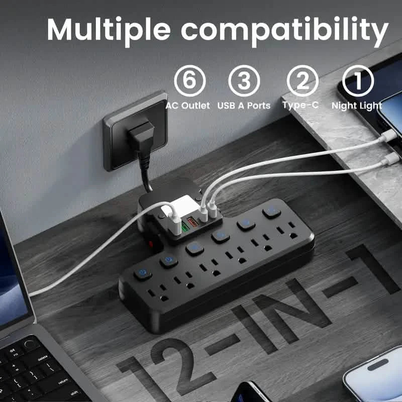 12-in-1調節可能デスクランプ電源タップ – 6つのACコンセント、3つのUSB-A＆2つのType-Cポート、サージ保護付き