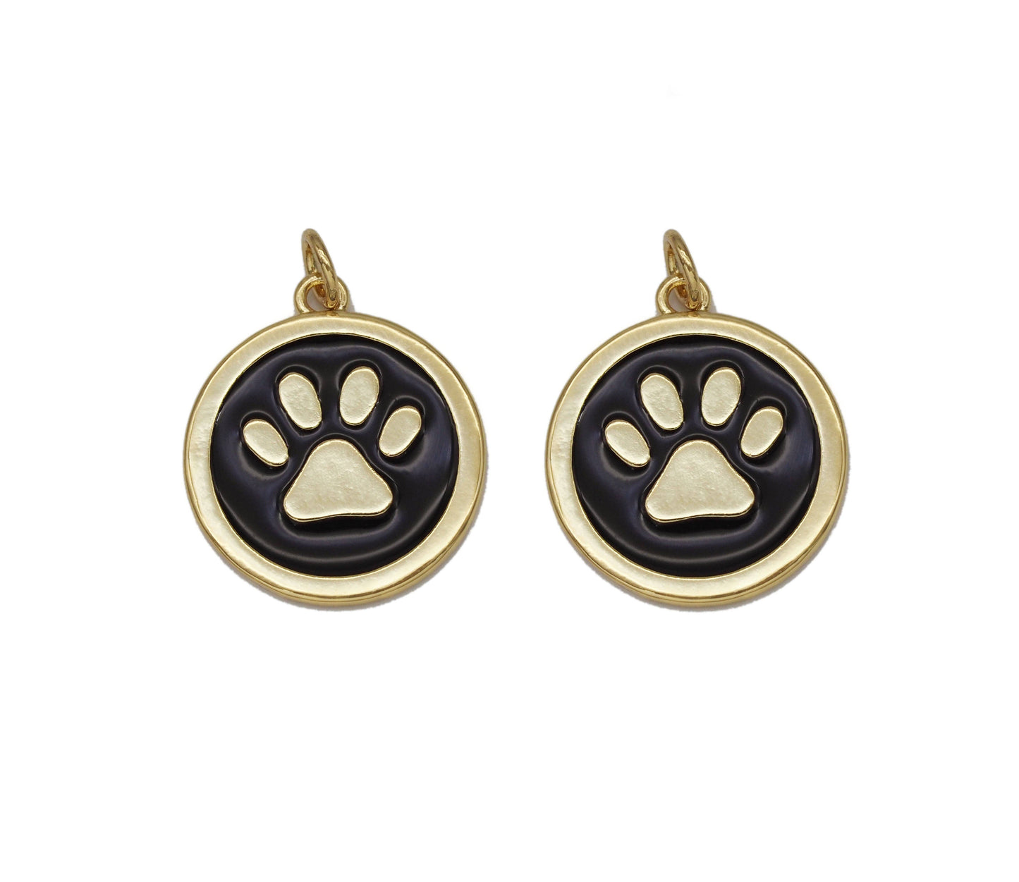 Gold Black Enamel Dog's Paw Print Coin Charm, Sku#LK695