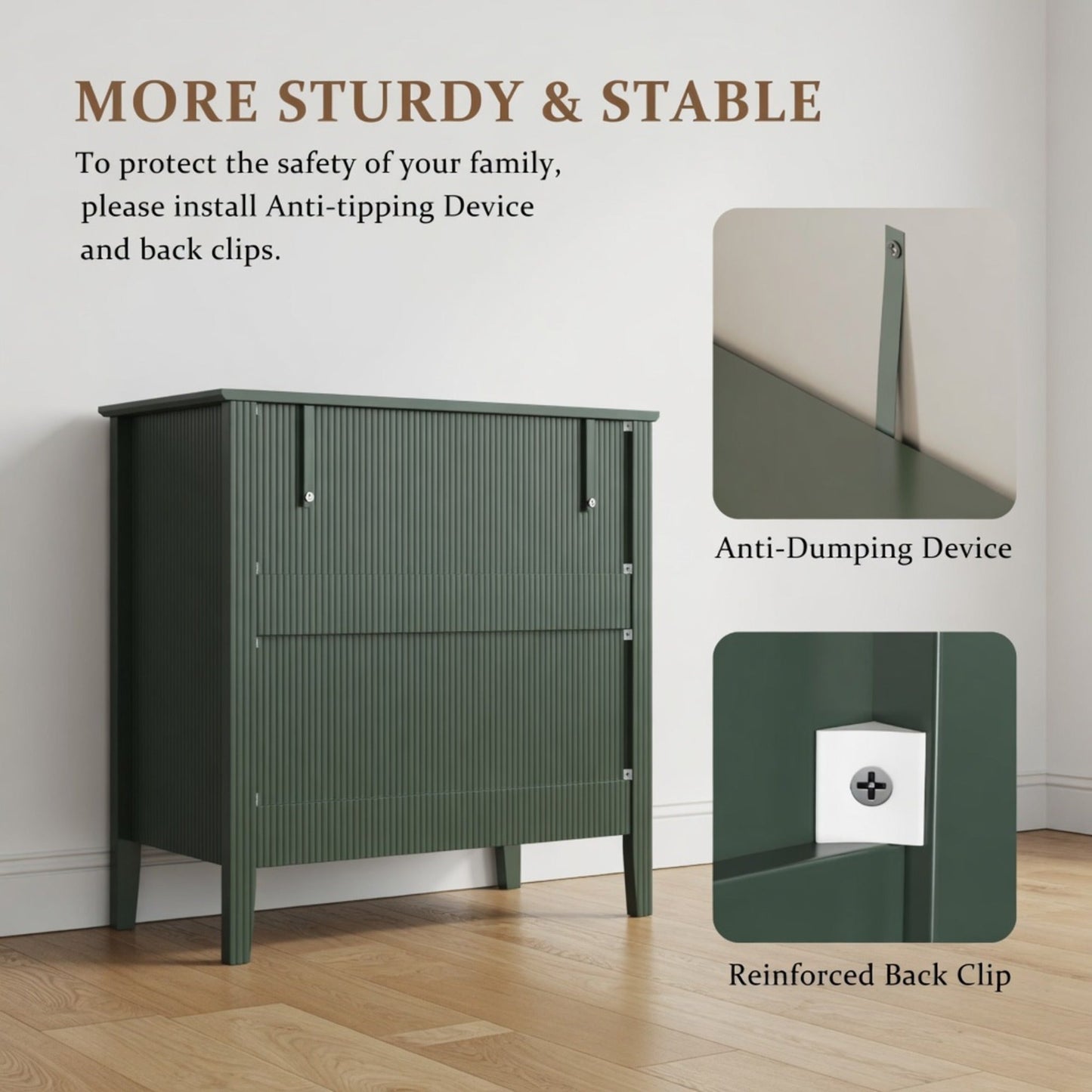 32" Wide Green Fluted 3-Drawer Nightstand