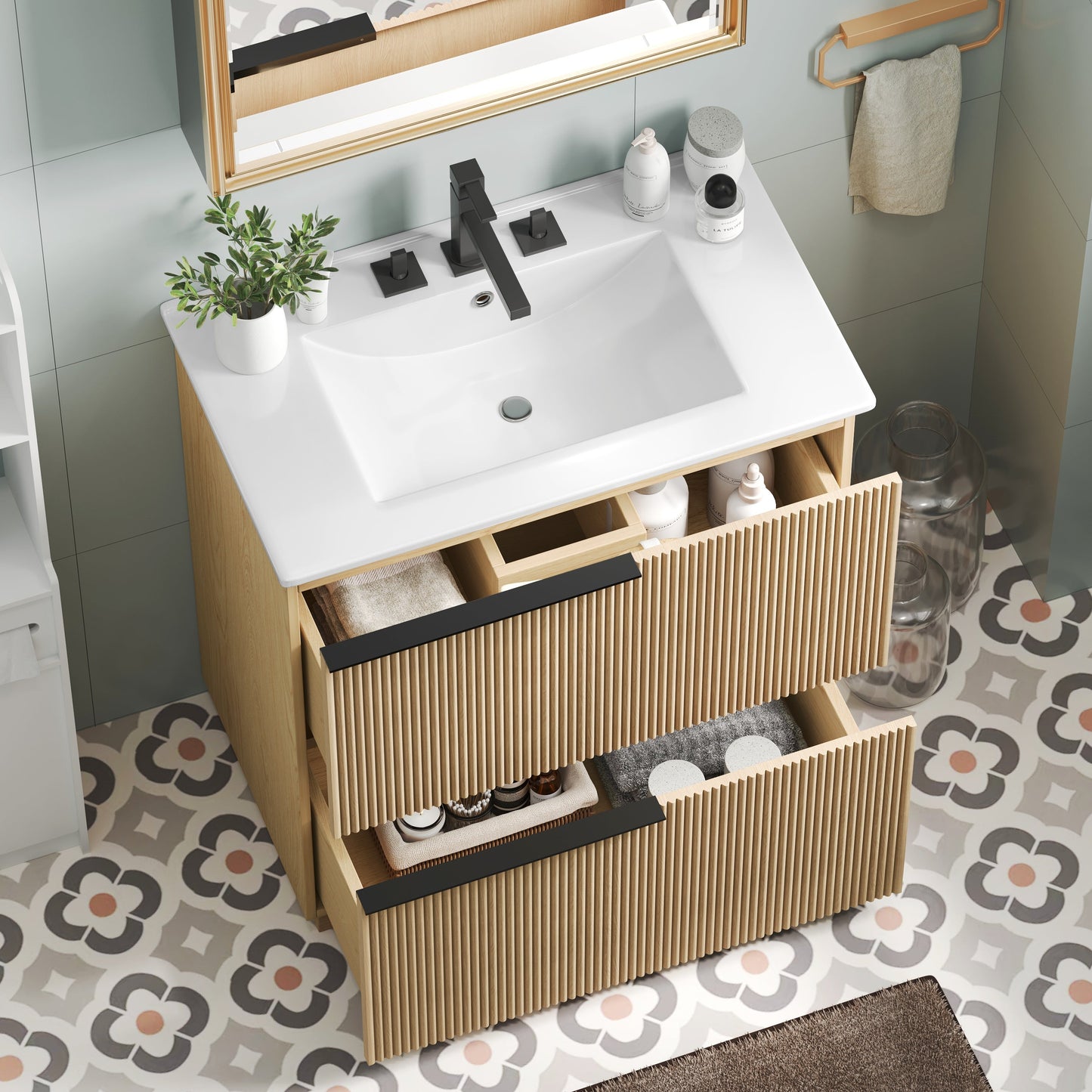 30" Bathroom Vanity with Ceramic Sink and Full-Extension Drawers