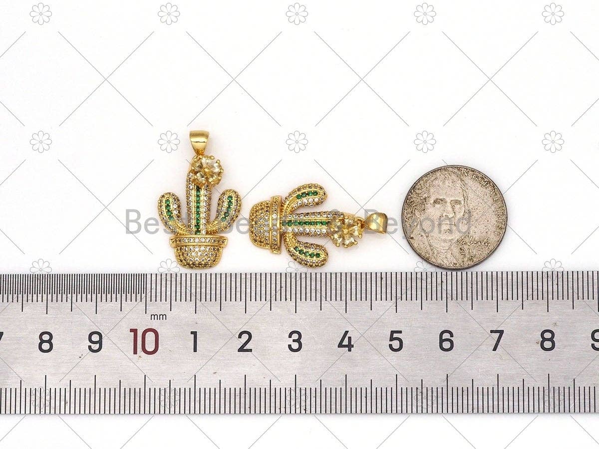 CZ Micro Pave Cactus Shape with Big CZ Flower Pendant,18K Gold Filled Cactus Charm, Necklace Bracelet Charm Pendant,17x23mm,Sku#LK465