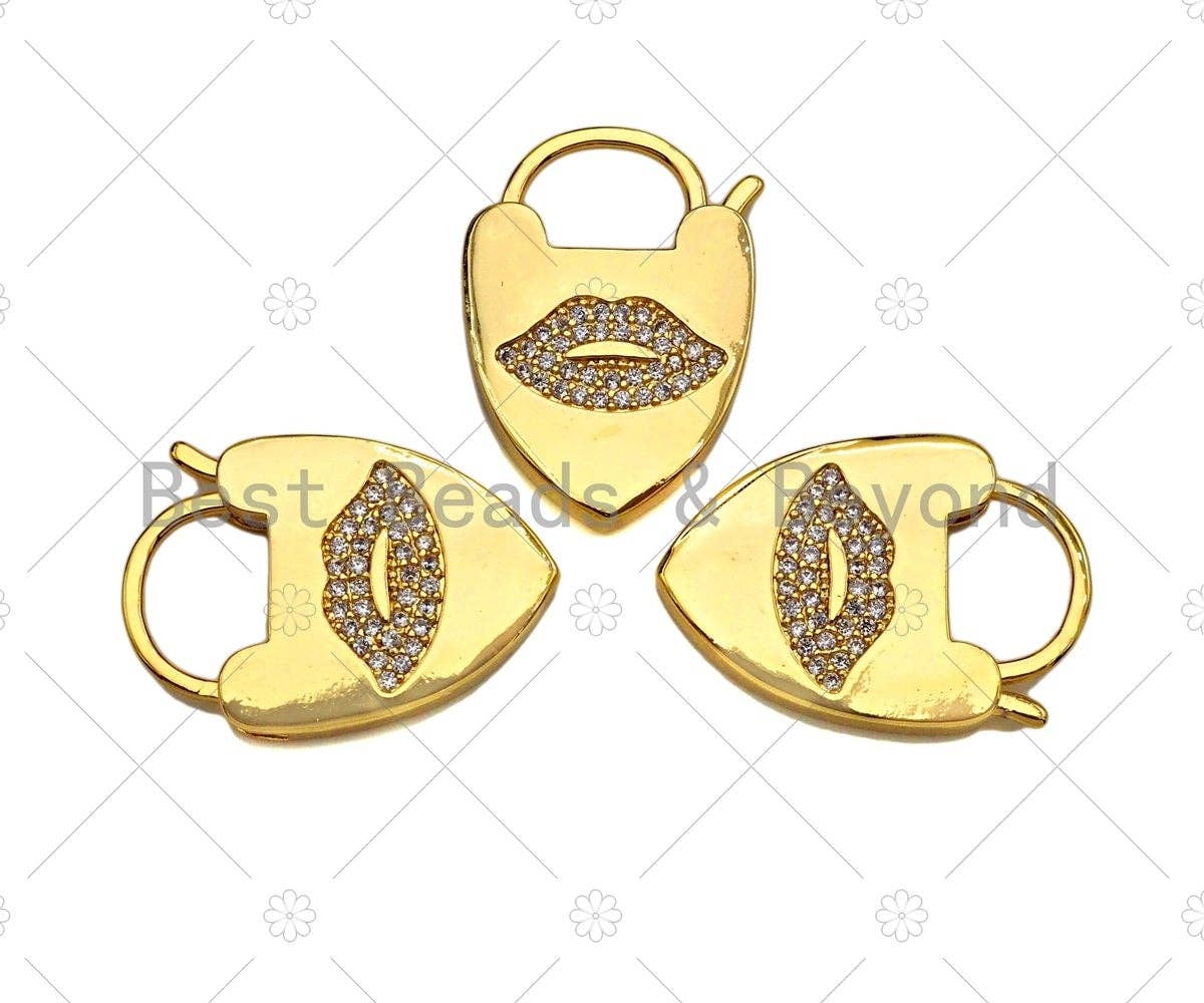 CZ Micro Pave Lips Padlock Clasp Charms, Lip CZ On Padlock Clasp, Gold Charm Pendant, Padlock Necklace Charm Connector, 17x24mm, Sku#K161