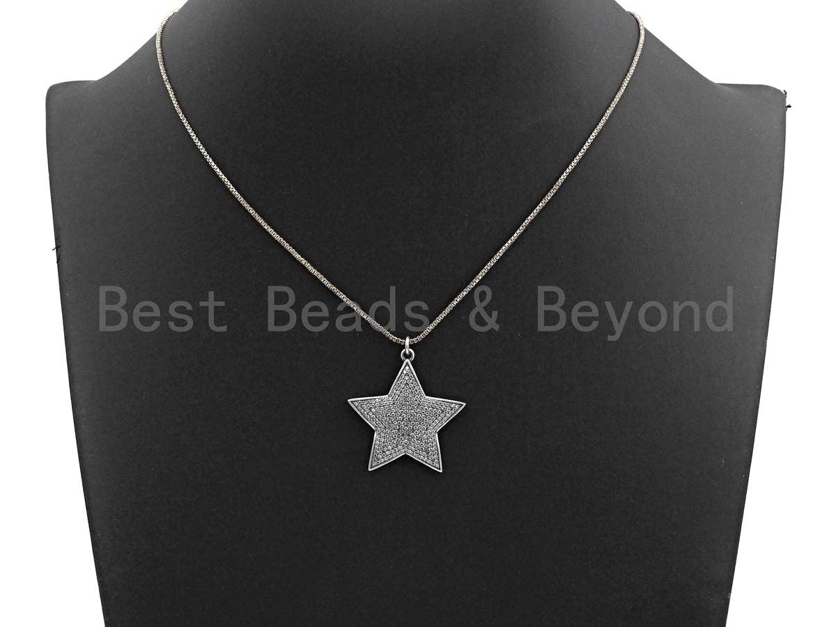 Rhidium CZ Micro Pave Five Star Pendant/Charm, Antique Silver Star Cubic Zirconia Pendant Charm, 31x32mm,sku#X120