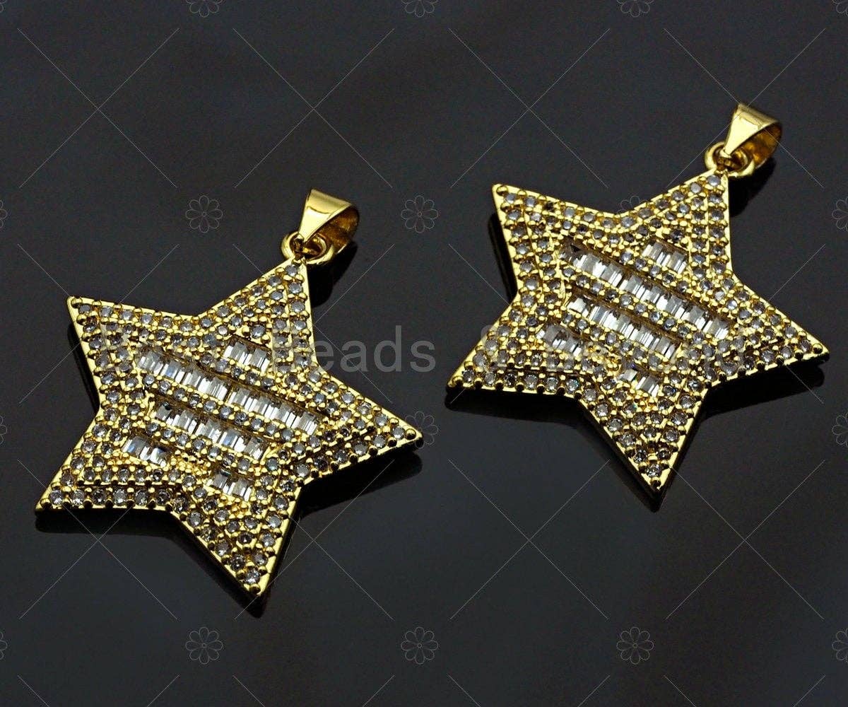 18K Gold Five Point Star Shape Pendant, Star Charm, Star Pave Pendant, Gold plated, 26mm, Sku#LK58