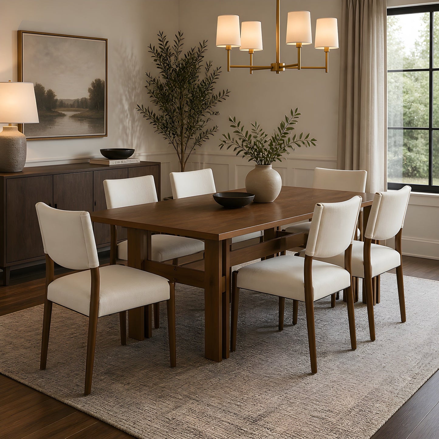 7 Pieces Modern Dining Set - Rustic Farmhouse Solid Wood