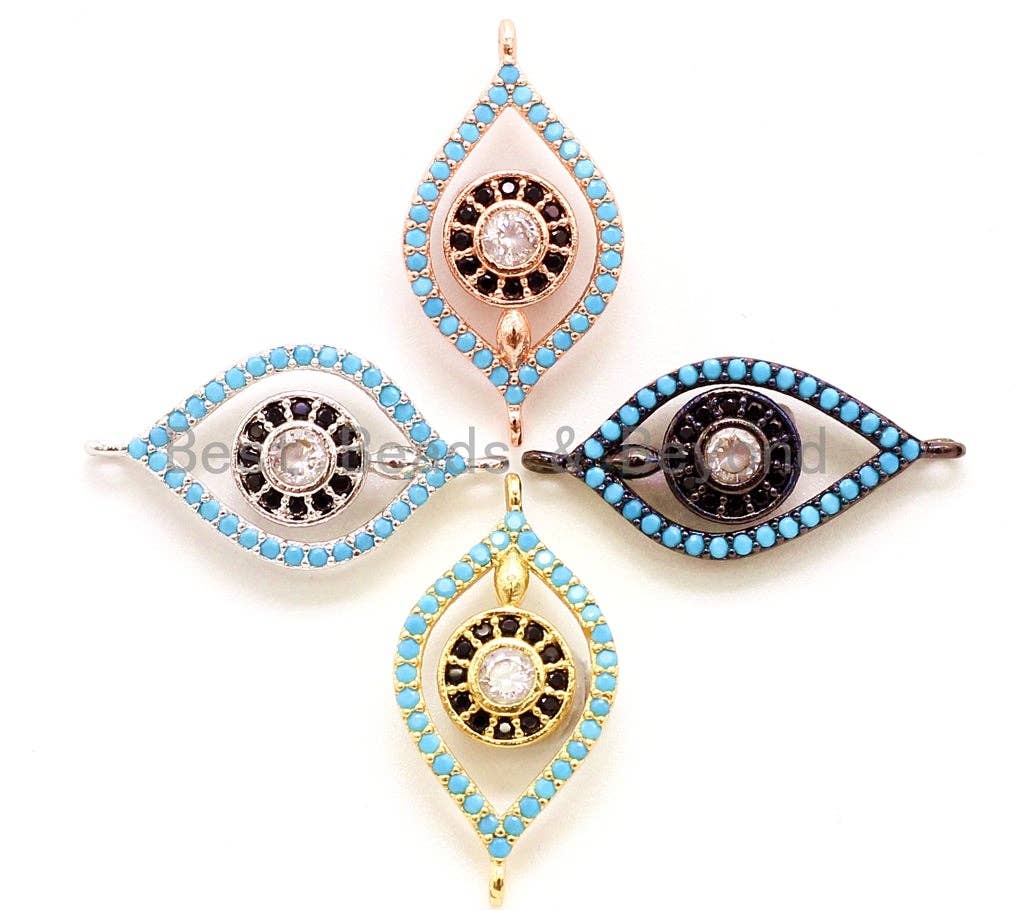 CZ Micro Pave Turquoise Evil Eye Connector for Bracelet/Necklace, Cubic Zirconia Space Connector, 12x23mm,sku#E36C