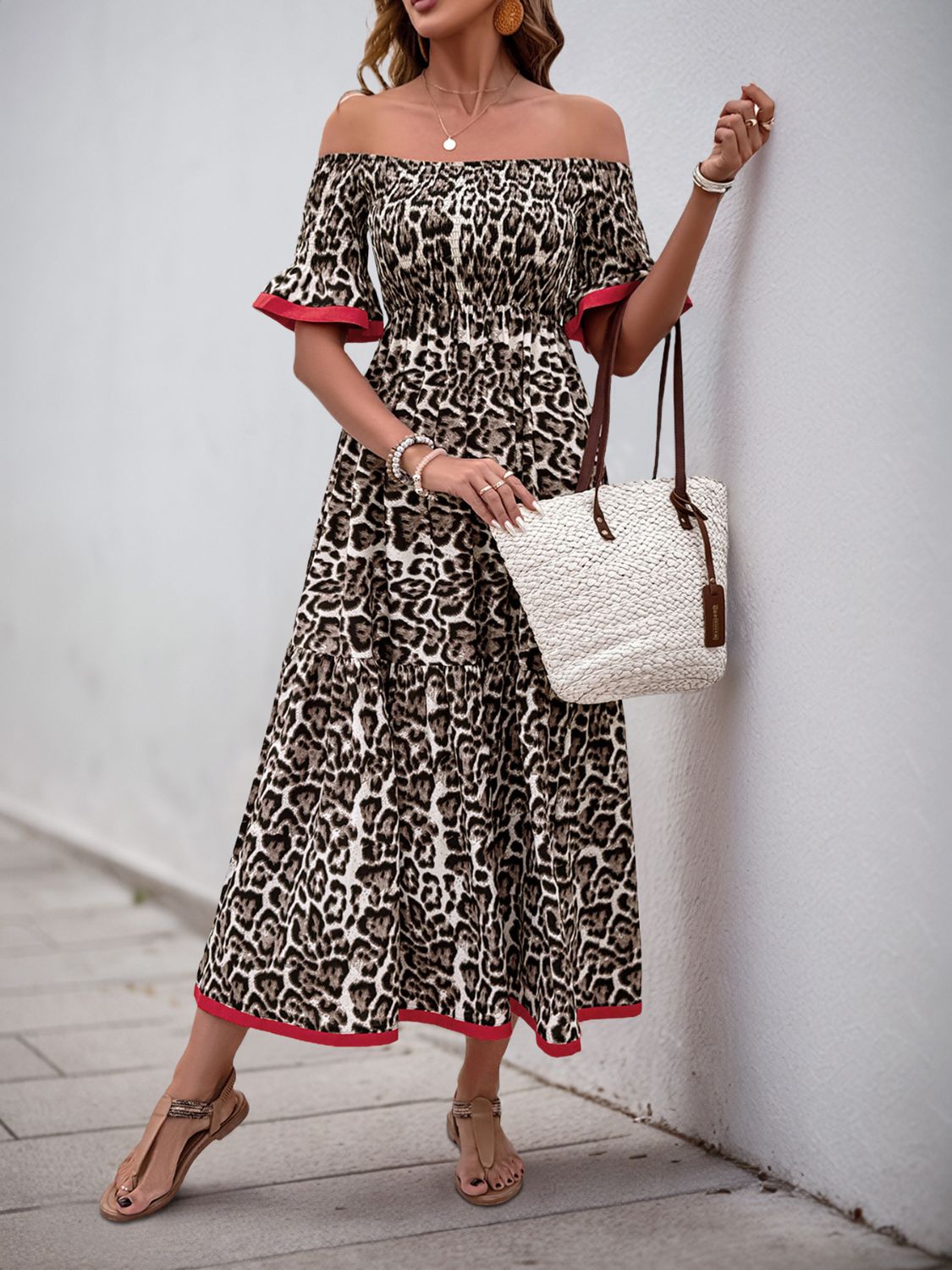 Perfee Leopard Off-Shoulder Flounce Sleeve Midi Dress