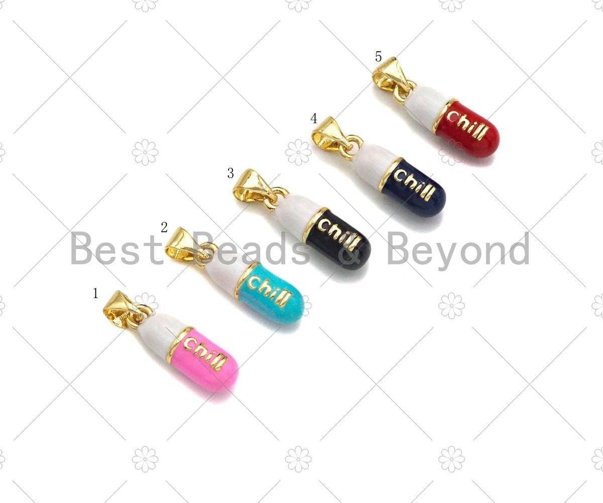 Colorful Enamel Pill Shape Pendant Charm, Gold/Silver Chill Word Pink Turquoise Black Cobalt Red Enamel Jewelry,6x17mm,Sku#LK280