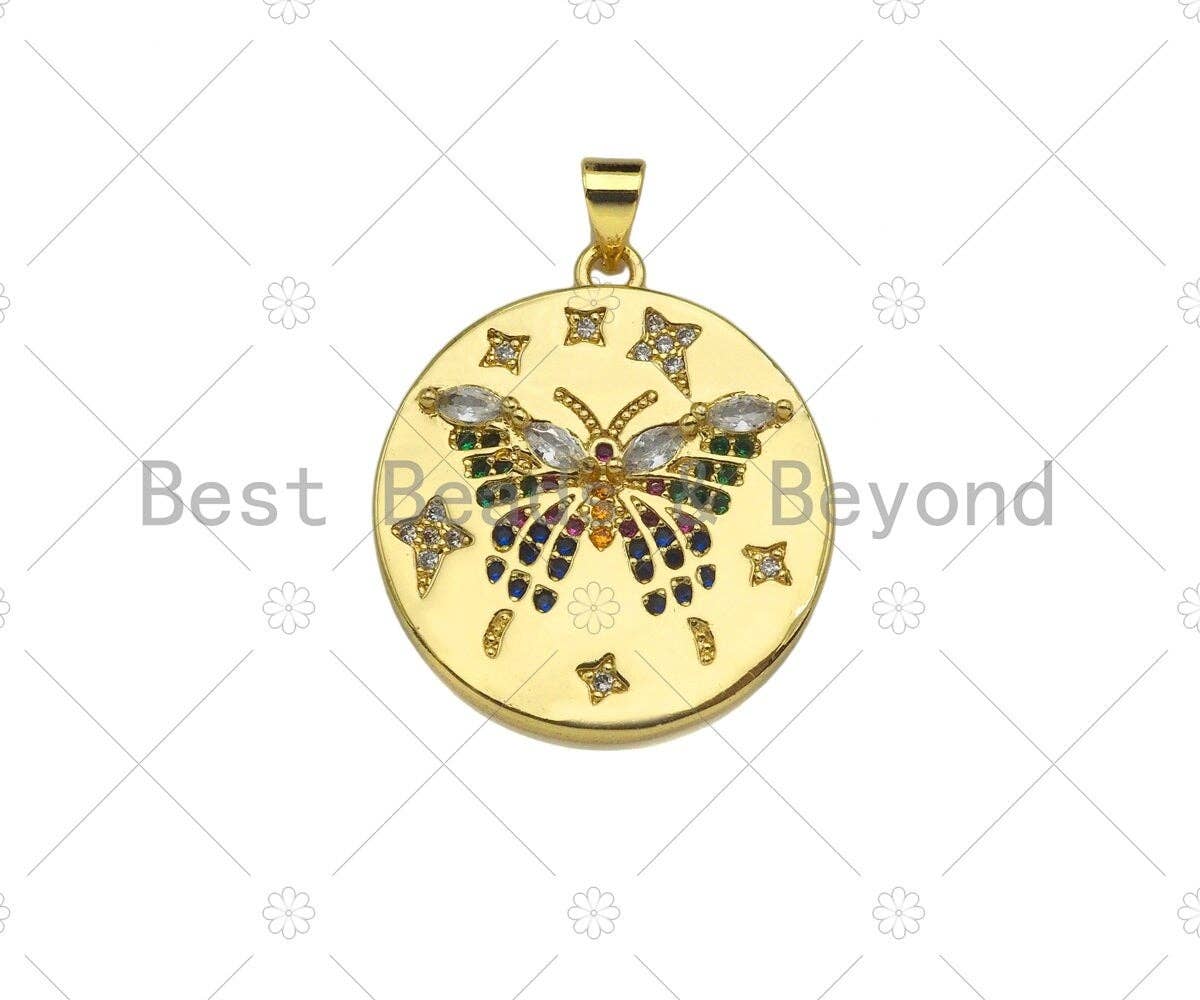 Colorful CZ Micro Pave Bee/Elephant/Butterfly On Round Coin Pendant,18K Dainty Gold Medallion Charm,Necklace Bracelet Charm,24x27mm,Sku#JL31