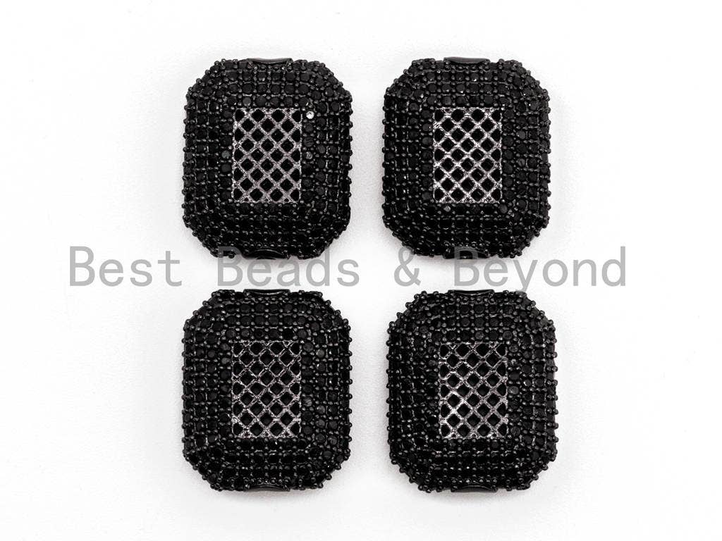 Black CZ Pave On Black Big Square Cushion Spacer Micro Pave Beads, Cubic Zirconia Space Beads, Men's Jewelry Findings, 17x20x7mm, SKU#G326