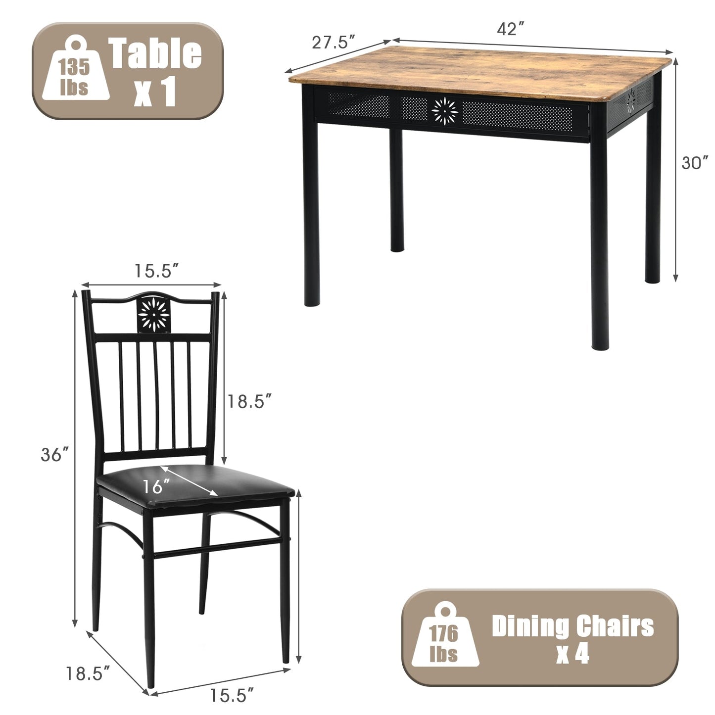 5 Pcs Dining Set Wood Metal Table and 4 Chairs with Cushions