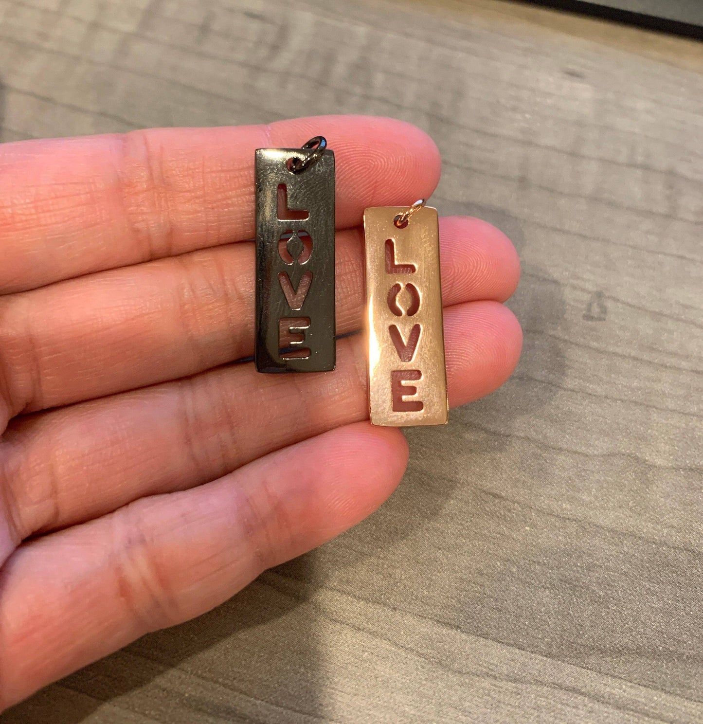 Hollow Out LOVE Bar Charm/Pendant, Gold/Silver/Rose Gold/Black Rectangle Dod Tag Pendant, DIY Valentine's Day Gift, 11x29mm, Sku#ML03