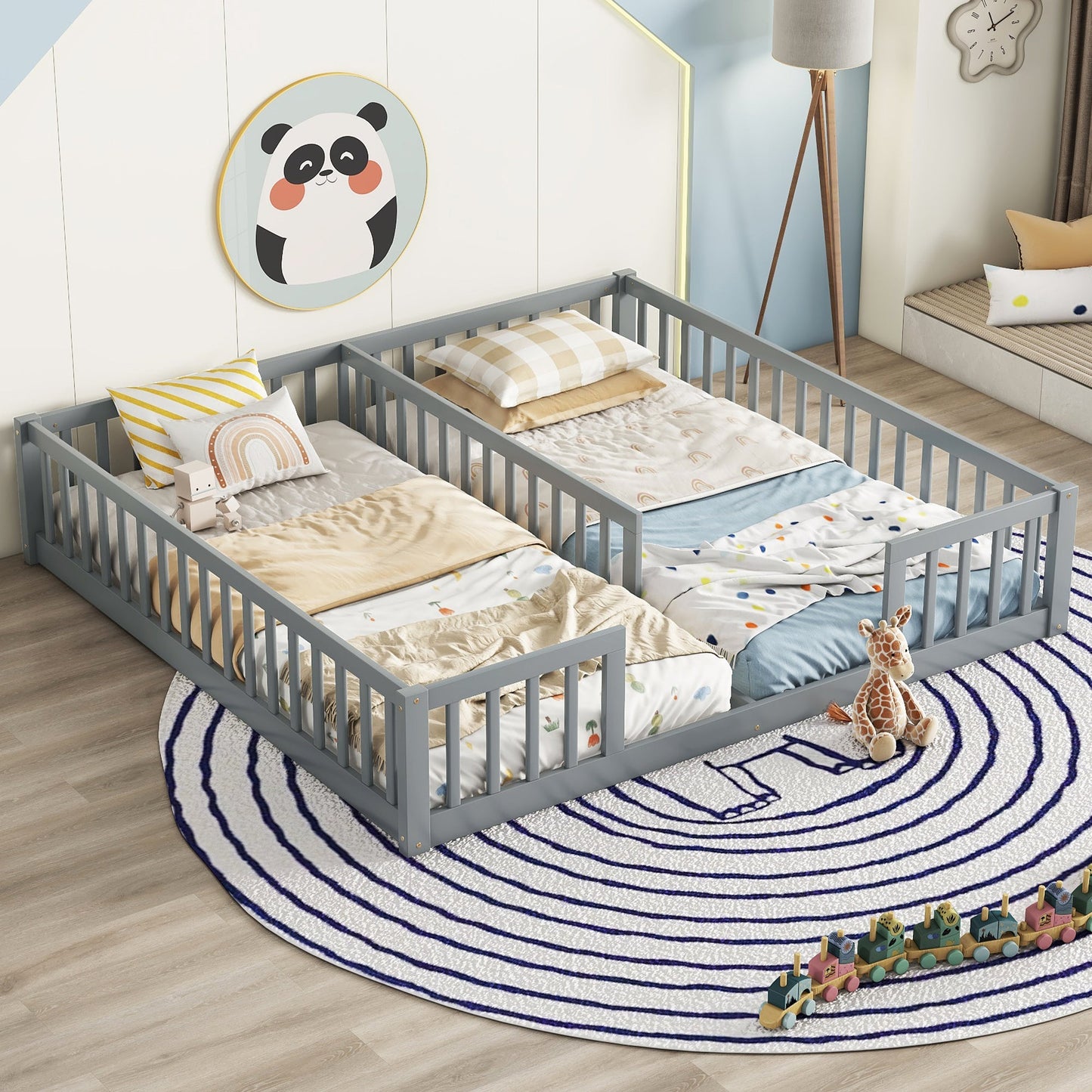 Double Twin Floor Bed with Fence, Guardrails, without Door