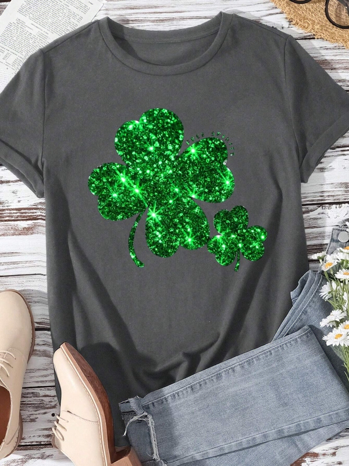 Lucky Clover Round Neck Short Sleeve T-Shirt