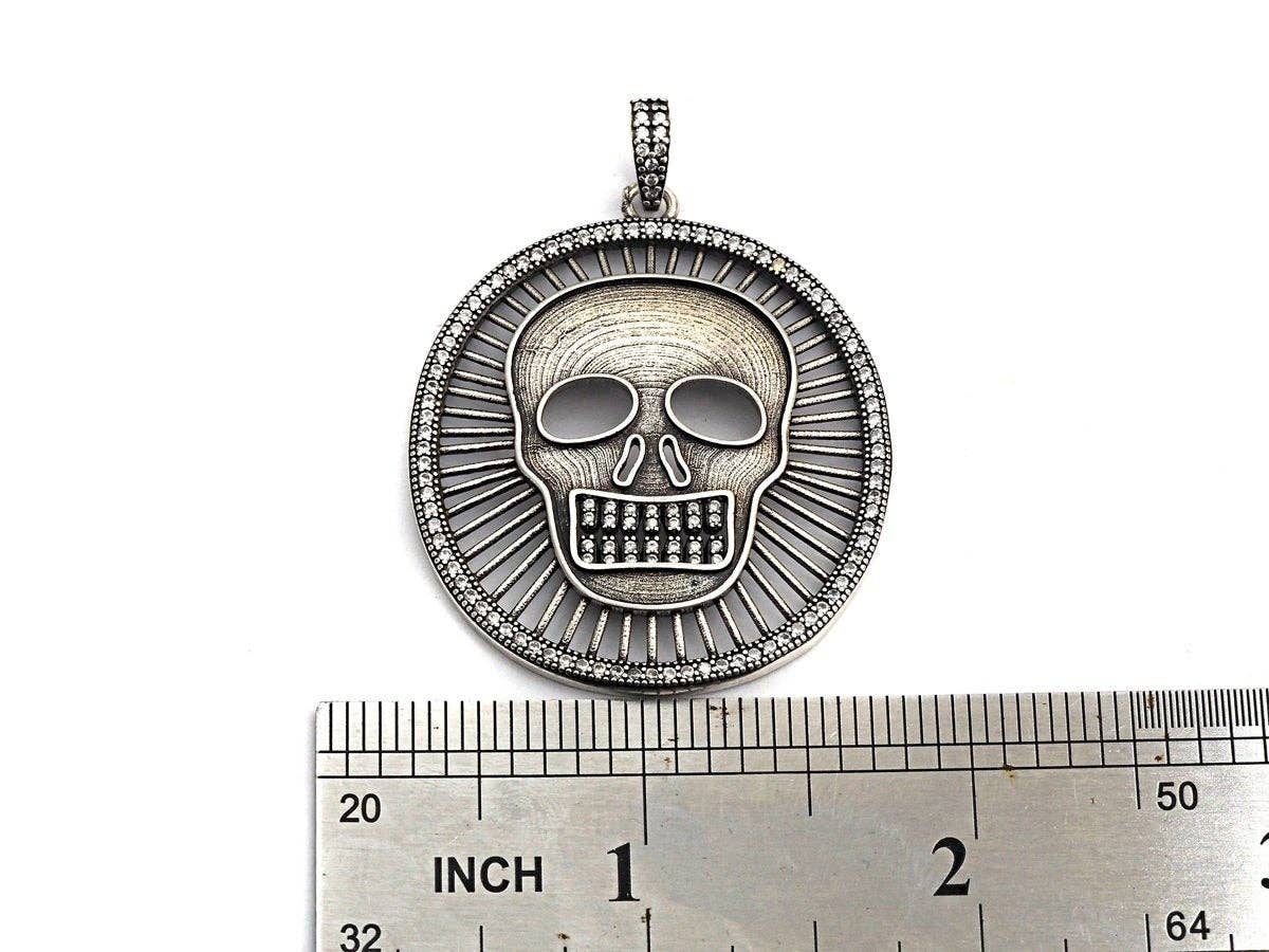 Antique Finish CZ Micro Pave Hollow out Skull Pendant, Silver Tone, 39x46mm,sku#F988C