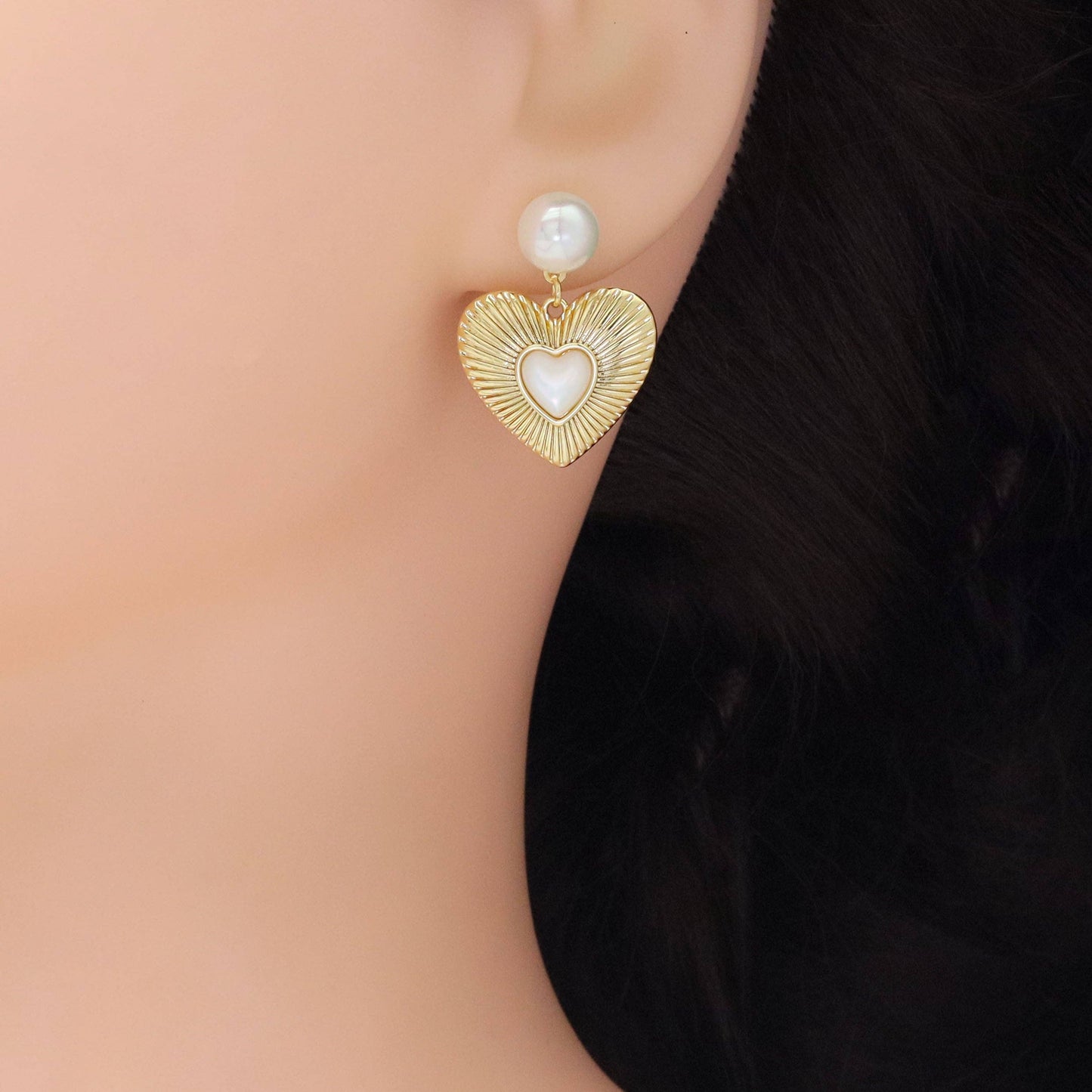 CZ Gold Heart White Pearl Earrings, Sku#ZX190