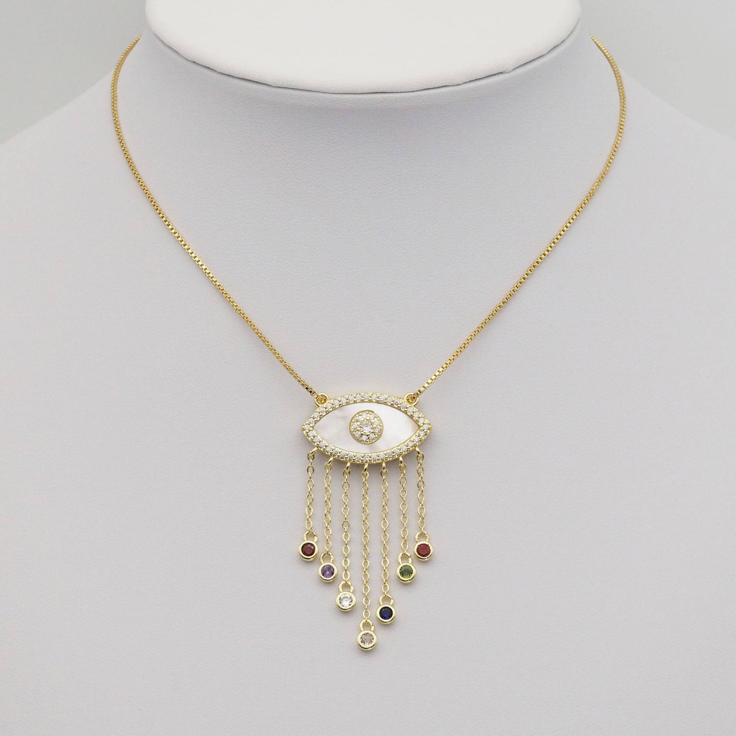 Gold Colorful CZ On Pearl Evil Eye Charm, Sku#LX274
