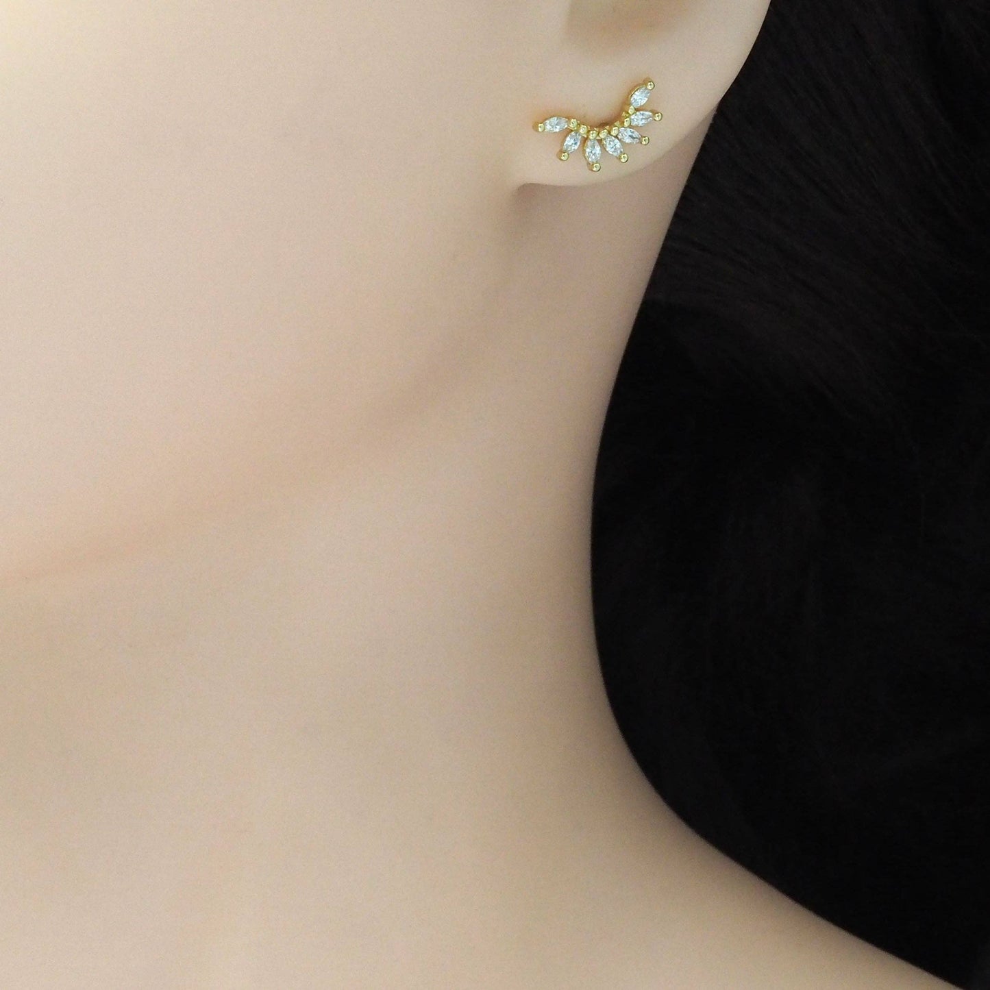 Clear Oval CZ Gold Peacock Flower Climber Earrings, Sku#LK89