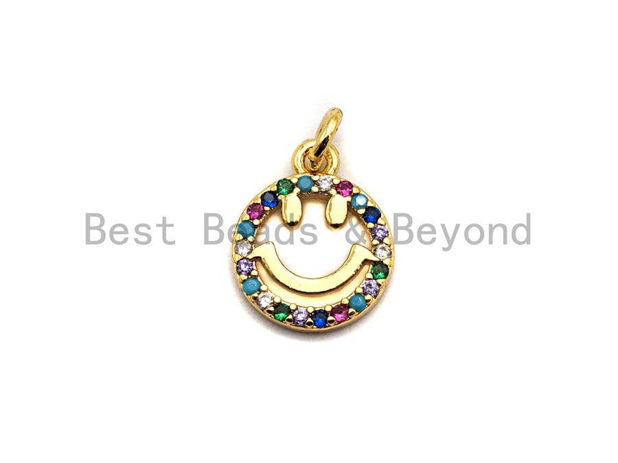 CZ Colorful Micro Pave Smiley Face Charm/Pendant, Round Face Shaped Pave Pendant, Gold plated, 10x12mm, Sku#F843