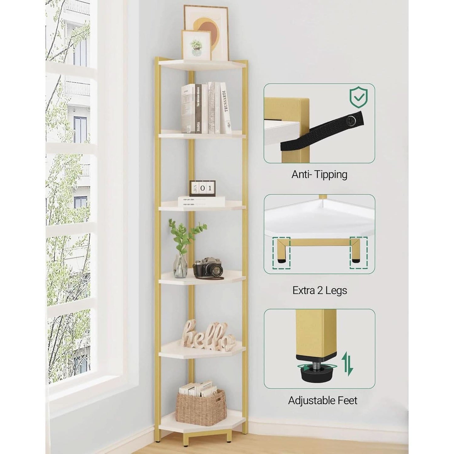 6-Tier Corner Shelf Stand White Gold Finish For Living Room
