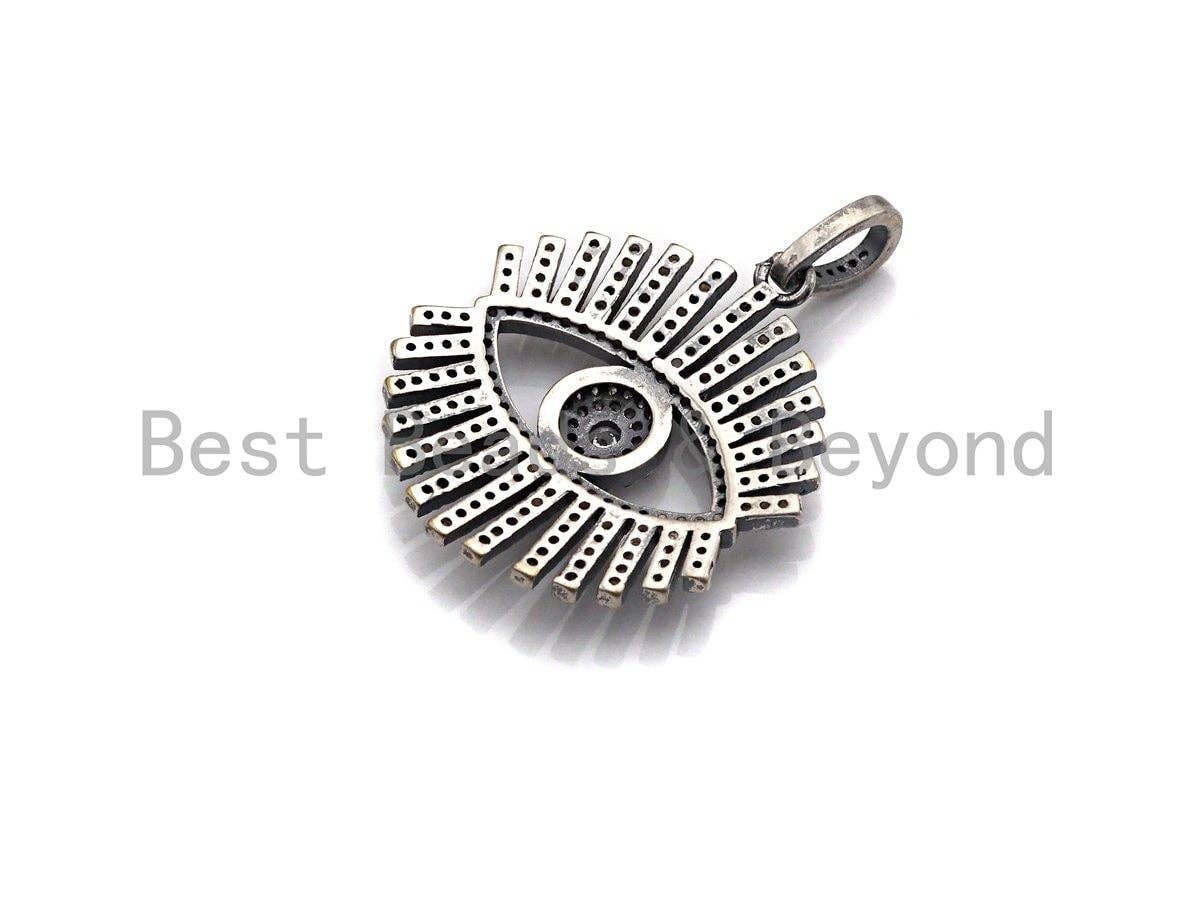 CZ Micro Pave Sparkly Eyelash Shape Pendant, Antique Silver Tone, Cubic Zirconia Pave Pendant, 27x30mm,sku#X131