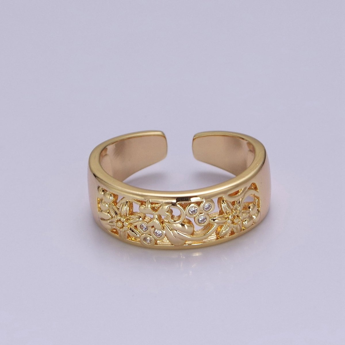 Dainty Art Deco Ring Flower Carved Design 18k Gold Filled Open Adjustable Ring O-2078