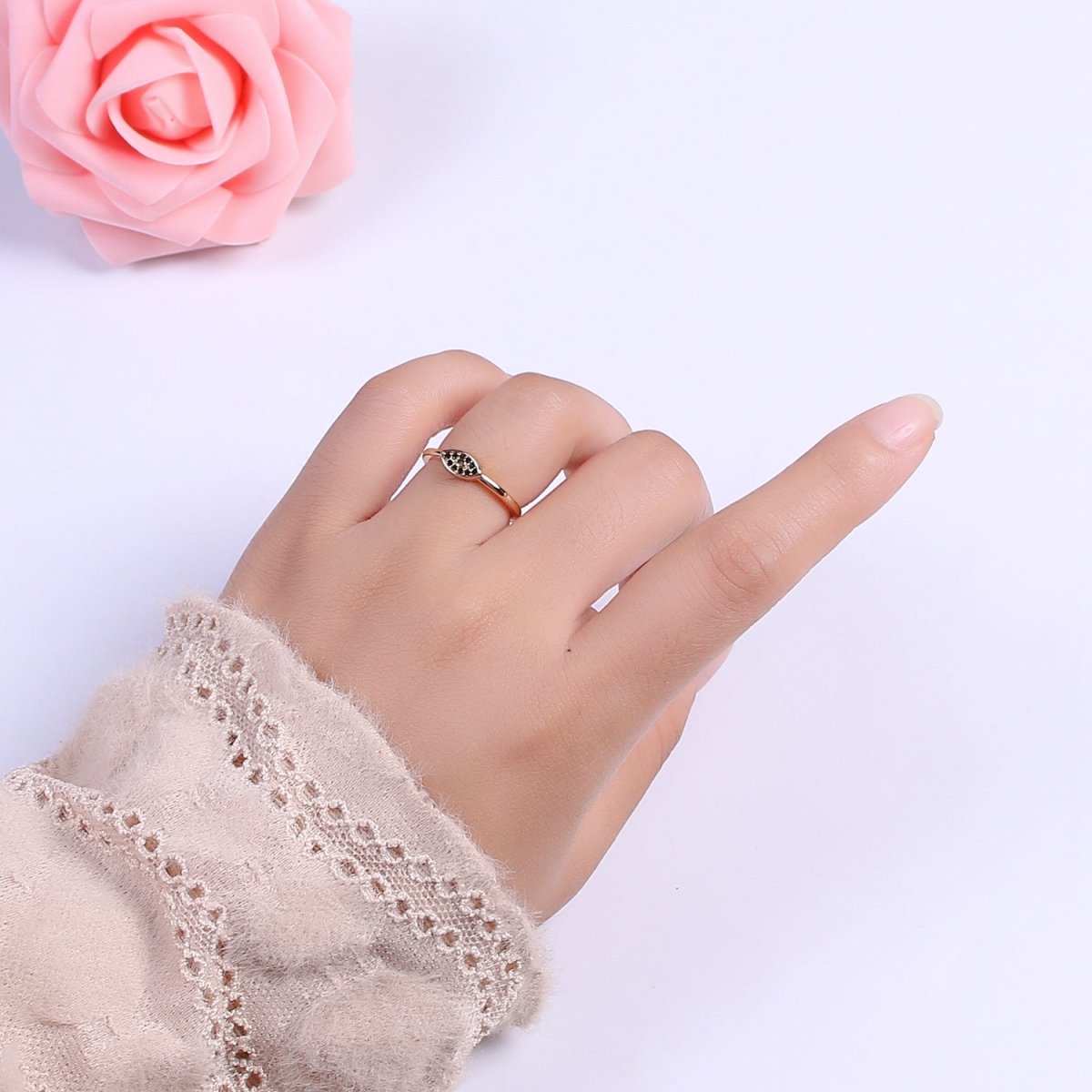 Dainty Black Evil Eye Stacking Ring, Gold Minimalist Ring, Simple Open Ring, Thin Adjustable Ring, Amulet Jewelry Delicate Ring, Gift for her S-249