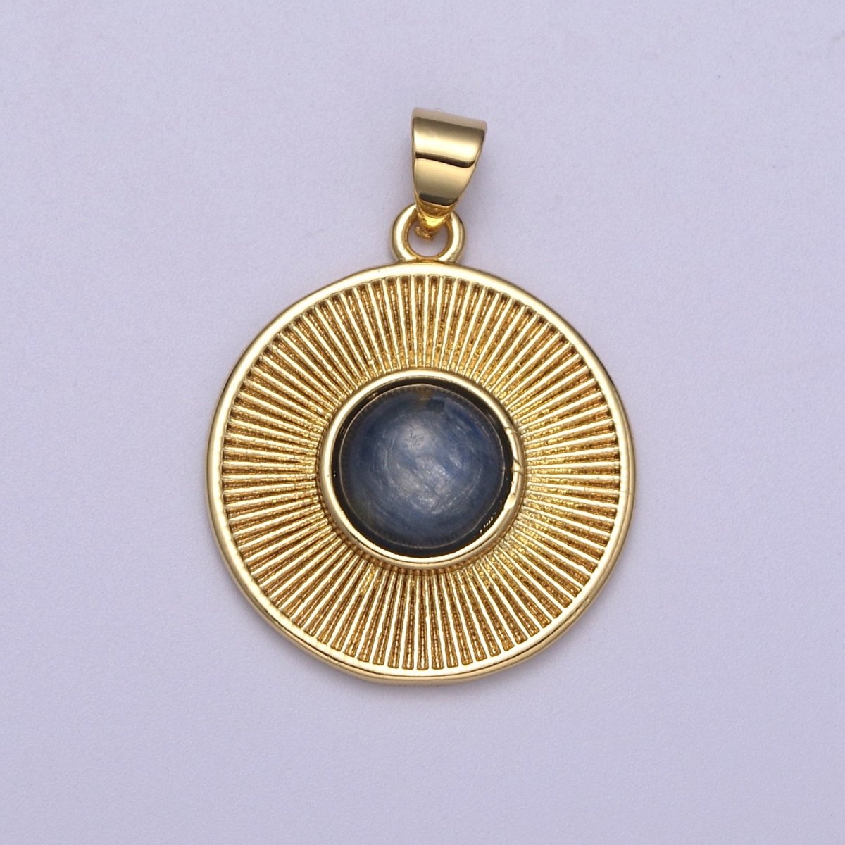 Dainty Blue Tiger Eye Stone Beads Round Coin Sunburst Geometric Pendant Charm H-209