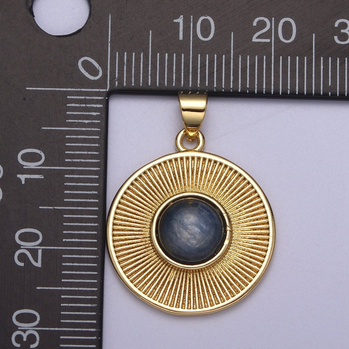 Dainty Blue Tiger Eye Stone Beads Round Coin Sunburst Geometric Pendant Charm H-209