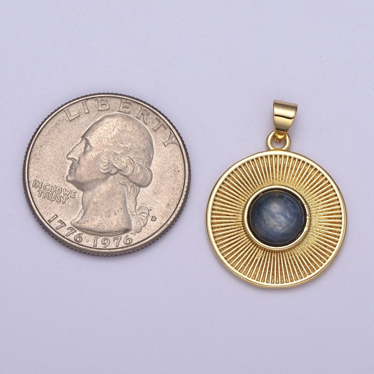Dainty Blue Tiger Eye Stone Beads Round Coin Sunburst Geometric Pendant Charm H-209