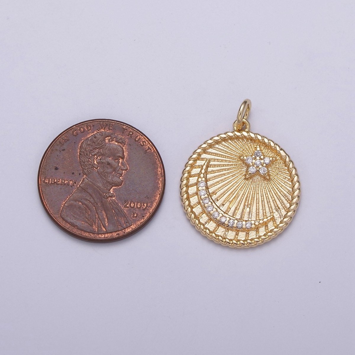 Dainty Celestial Coin Medallion Crescent Moon Star Charm Decorative Edge 18k Gold Filled Minimalist Jewelry N-187