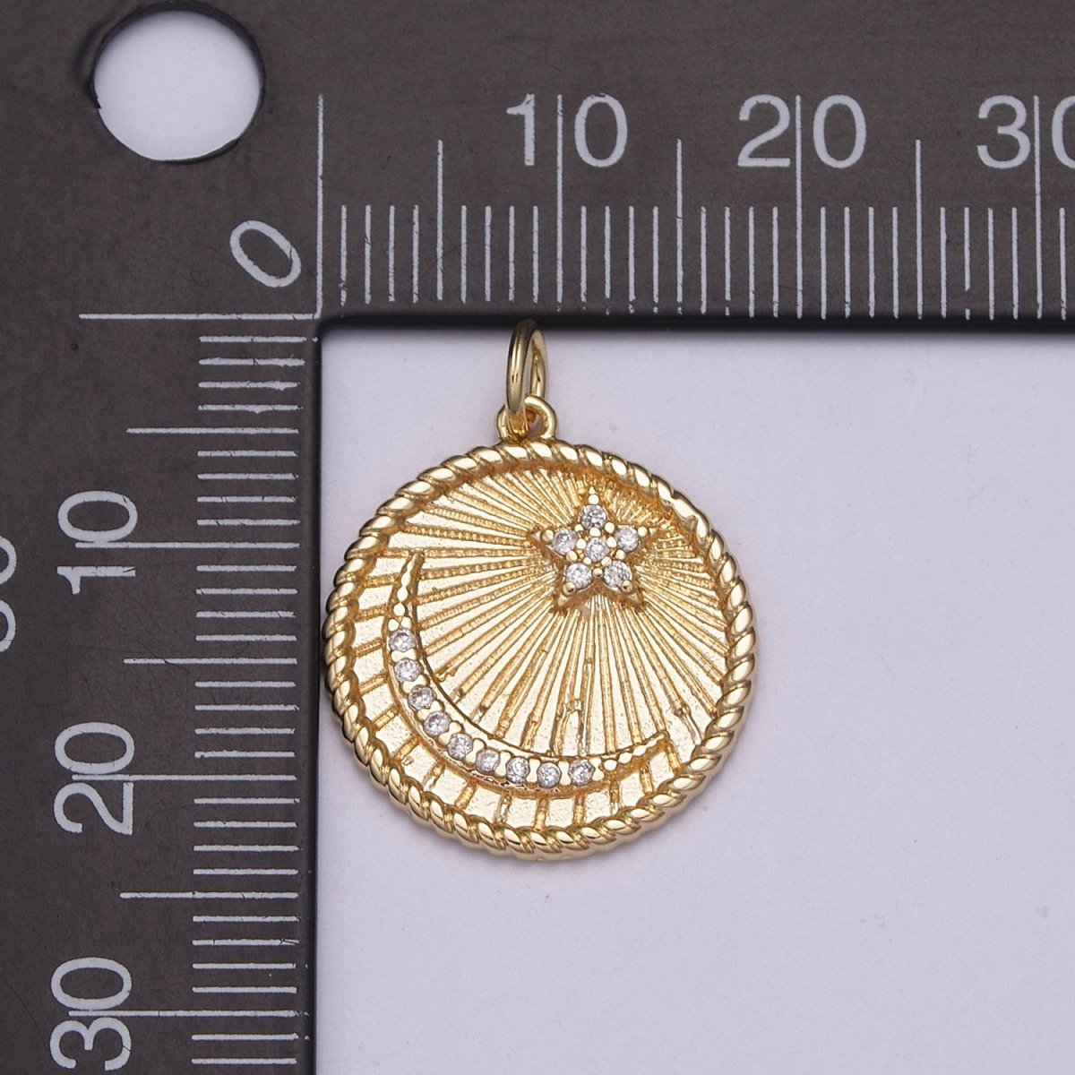 Dainty Celestial Coin Medallion Crescent Moon Star Charm Decorative Edge 18k Gold Filled Minimalist Jewelry N-187