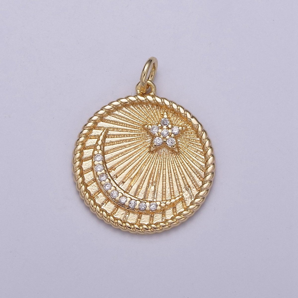 Dainty Celestial Coin Medallion Crescent Moon Star Charm Decorative Edge 18k Gold Filled Minimalist Jewelry N-187