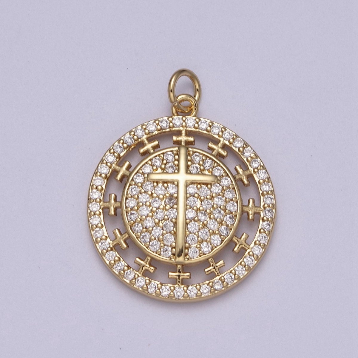 Dainty Cubic Cross Round Coin Medallion Pendant in Gold Catholic Charms Religious Jewelry N-338